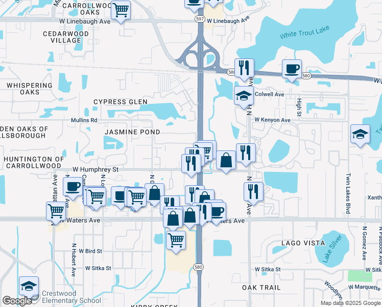 map of restaurants, bars, coffee shops, grocery stores, and more near 8605 Huron Court in Tampa
