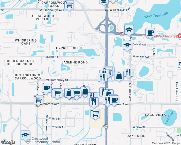 map of restaurants, bars, coffee shops, grocery stores, and more near 3832 North Lake Drive in Tampa