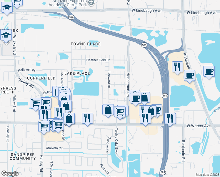 map of restaurants, bars, coffee shops, grocery stores, and more near 6406 Derby Court in Tampa