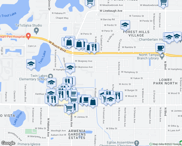 map of restaurants, bars, coffee shops, grocery stores, and more near 8809 Crestview Drive in Tampa