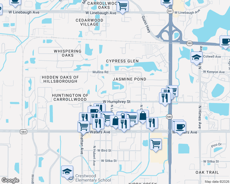 map of restaurants, bars, coffee shops, grocery stores, and more near 8630 Mallard Reserve Drive in Tampa