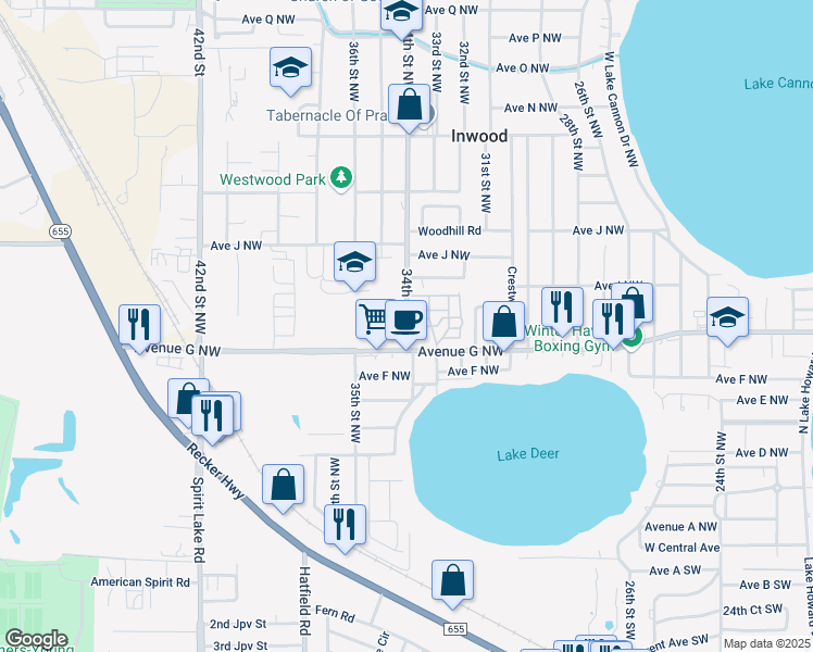 map of restaurants, bars, coffee shops, grocery stores, and more near 736 34th Street Northwest in Winter Haven