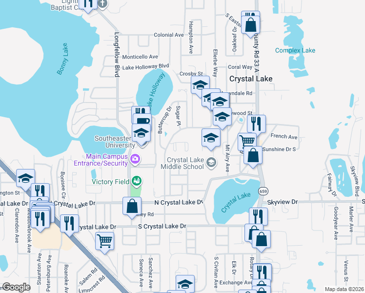 map of restaurants, bars, coffee shops, grocery stores, and more near 1100 Lowry Avenue in Lakeland