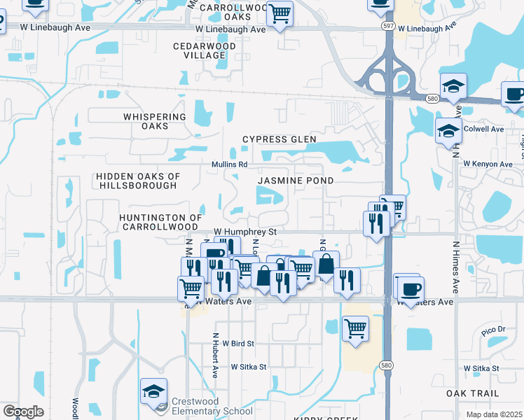map of restaurants, bars, coffee shops, grocery stores, and more near 8630 Mallard Reserve Drive in Tampa