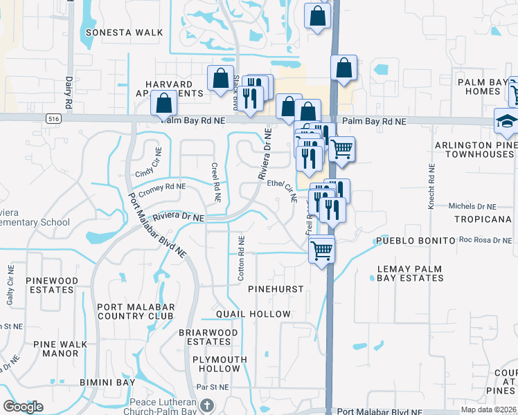 map of restaurants, bars, coffee shops, grocery stores, and more near 1296 Dawn Street Northeast in Palm Bay