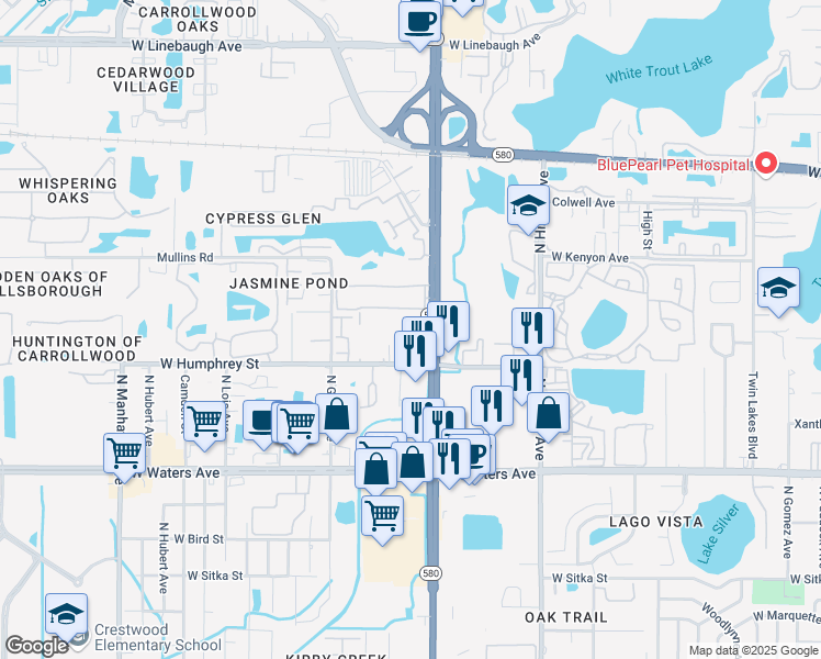 map of restaurants, bars, coffee shops, grocery stores, and more near 8605 Huron Court in Tampa