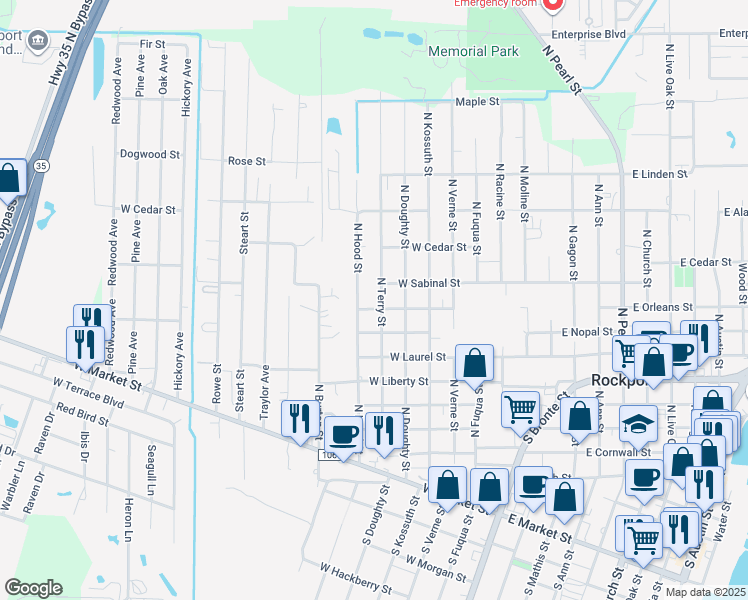 map of restaurants, bars, coffee shops, grocery stores, and more near 805 North Terry Street in Rockport