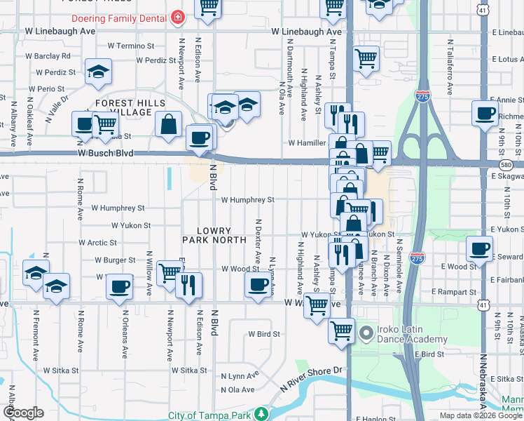 map of restaurants, bars, coffee shops, grocery stores, and more near 8717 North Dexter Avenue in Tampa