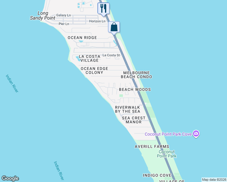 map of restaurants, bars, coffee shops, grocery stores, and more near 3203 River Winds Court in Melbourne Beach