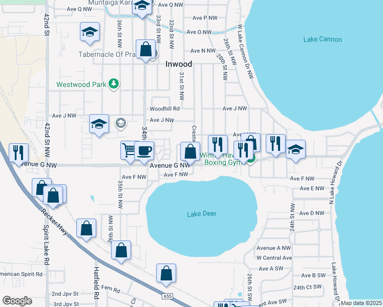 map of restaurants, bars, coffee shops, grocery stores, and more near 730 Crestwood Drive in Winter Haven