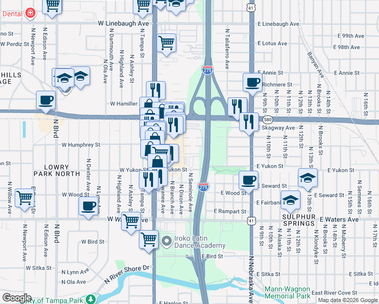 map of restaurants, bars, coffee shops, grocery stores, and more near 303 Wellington Court in Tampa