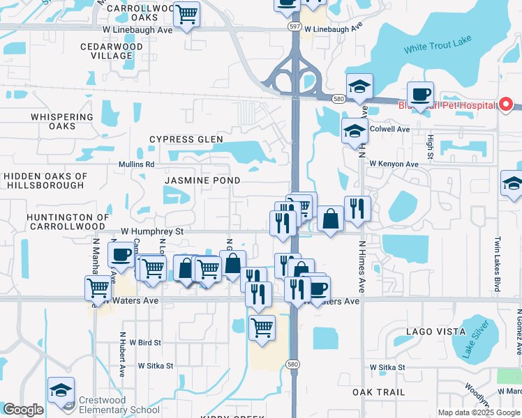 map of restaurants, bars, coffee shops, grocery stores, and more near 3832 North Lake Drive in Tampa