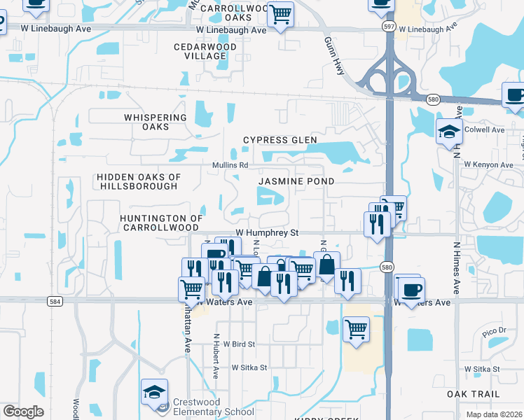 map of restaurants, bars, coffee shops, grocery stores, and more near 8642 Mallard Reserve Drive in Tampa