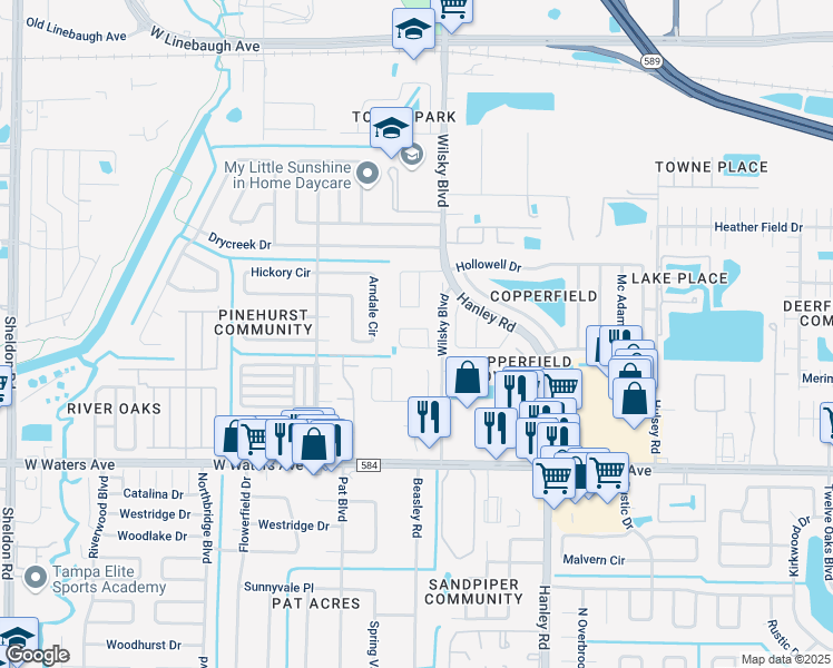 map of restaurants, bars, coffee shops, grocery stores, and more near 7731 Hinsdale Drive in Tampa