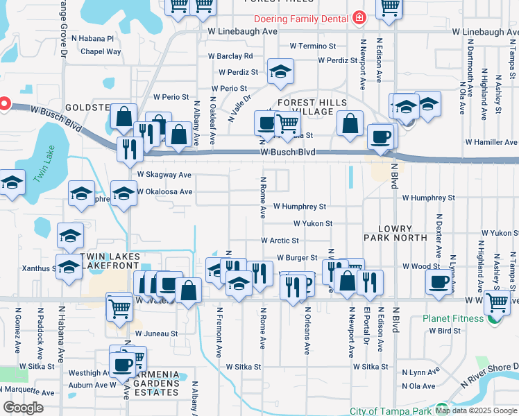 map of restaurants, bars, coffee shops, grocery stores, and more near 1702 West Humphrey Street in Tampa