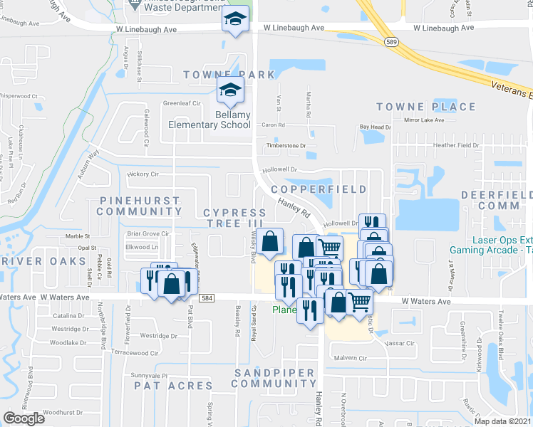 map of restaurants, bars, coffee shops, grocery stores, and more near 8919 Metheny Circle in Tampa