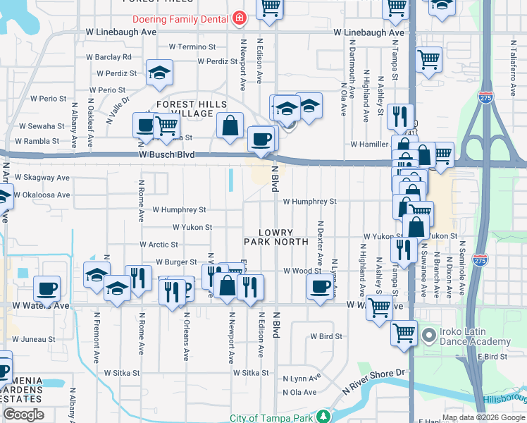 map of restaurants, bars, coffee shops, grocery stores, and more near 8719 North Edison Avenue in Tampa