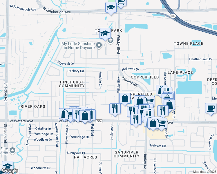 map of restaurants, bars, coffee shops, grocery stores, and more near 7731 Hinsdale Drive in Town 'n' Country