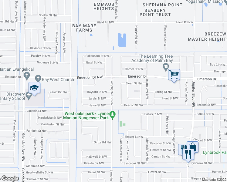 map of restaurants, bars, coffee shops, grocery stores, and more near 1257 Lamplighter Drive Northwest in Palm Bay