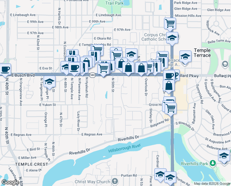 map of restaurants, bars, coffee shops, grocery stores, and more near 8725 North 50th Street in Tampa