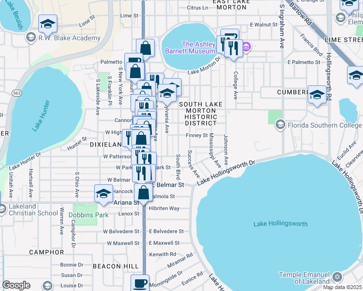 map of restaurants, bars, coffee shops, grocery stores, and more near 1018 South Boulevard in Lakeland