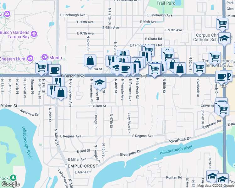 map of restaurants, bars, coffee shops, grocery stores, and more near 8719 North 48th Street in Tampa