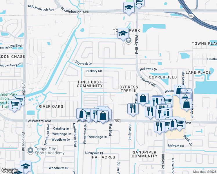 map of restaurants, bars, coffee shops, grocery stores, and more near 8201 Hornwood Place in Tampa