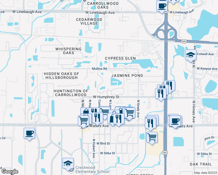 map of restaurants, bars, coffee shops, grocery stores, and more near 8617 Fancy Finch Drive in Tampa