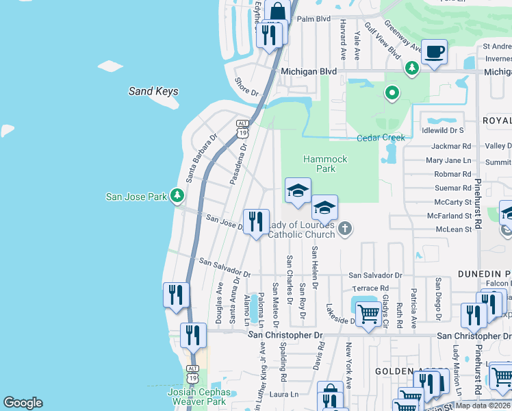 map of restaurants, bars, coffee shops, grocery stores, and more near 1747 Santa Anna Drive in Dunedin