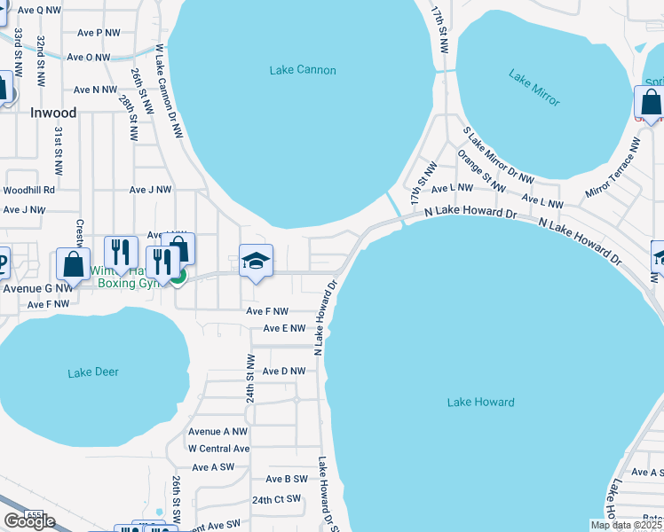 map of restaurants, bars, coffee shops, grocery stores, and more near 1933 Avenue G Northwest in Winter Haven