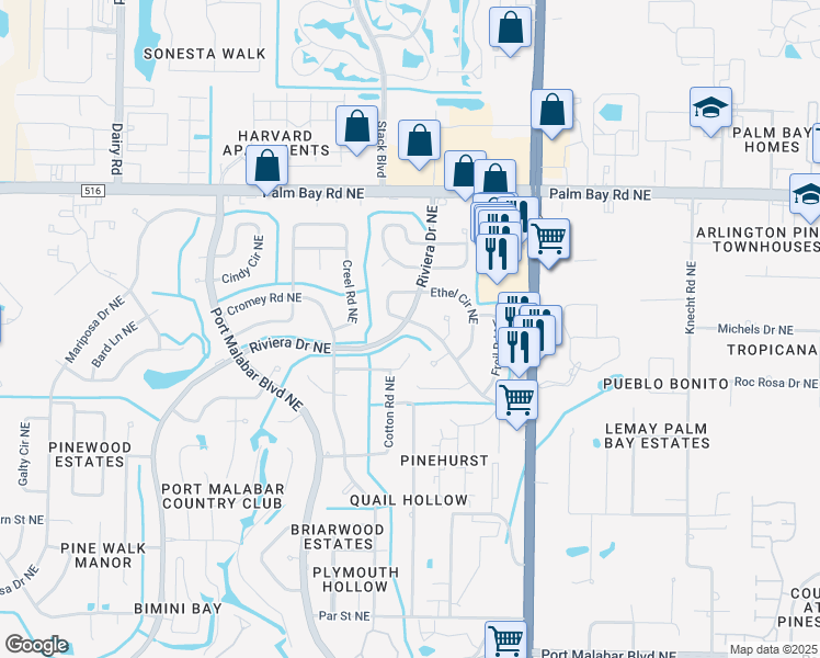 map of restaurants, bars, coffee shops, grocery stores, and more near 1296 Dawn Street Northeast in Palm Bay