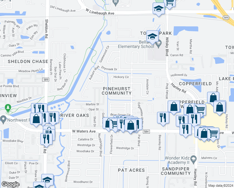 map of restaurants, bars, coffee shops, grocery stores, and more near 8817 Oak Circle in Tampa
