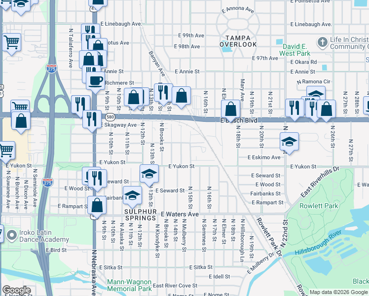 map of restaurants, bars, coffee shops, grocery stores, and more near 1502 East Humphrey Street in Tampa