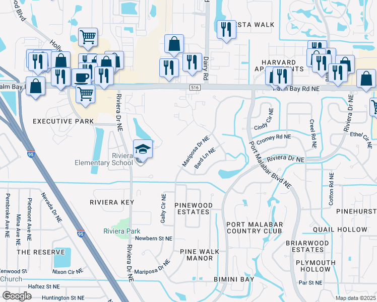 map of restaurants, bars, coffee shops, grocery stores, and more near 1254 Mariposa Drive Northeast in Palm Bay