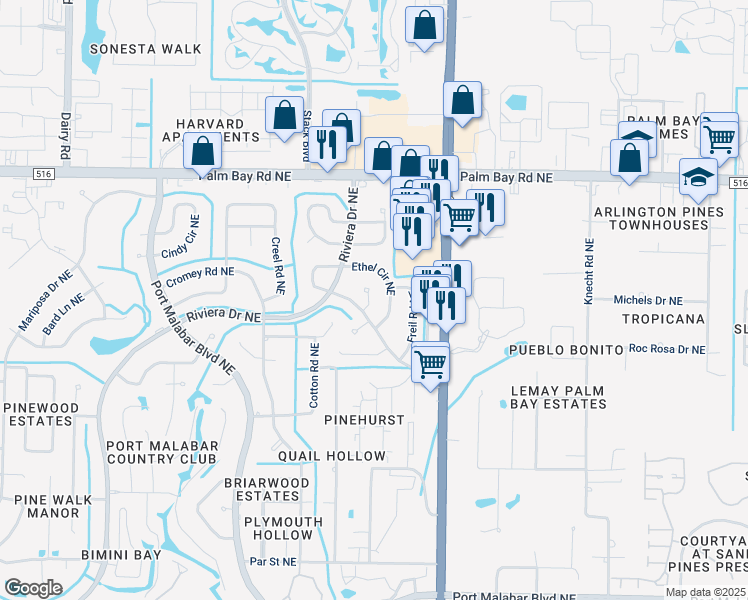 map of restaurants, bars, coffee shops, grocery stores, and more near 1241 Cambo Court Northeast in Palm Bay
