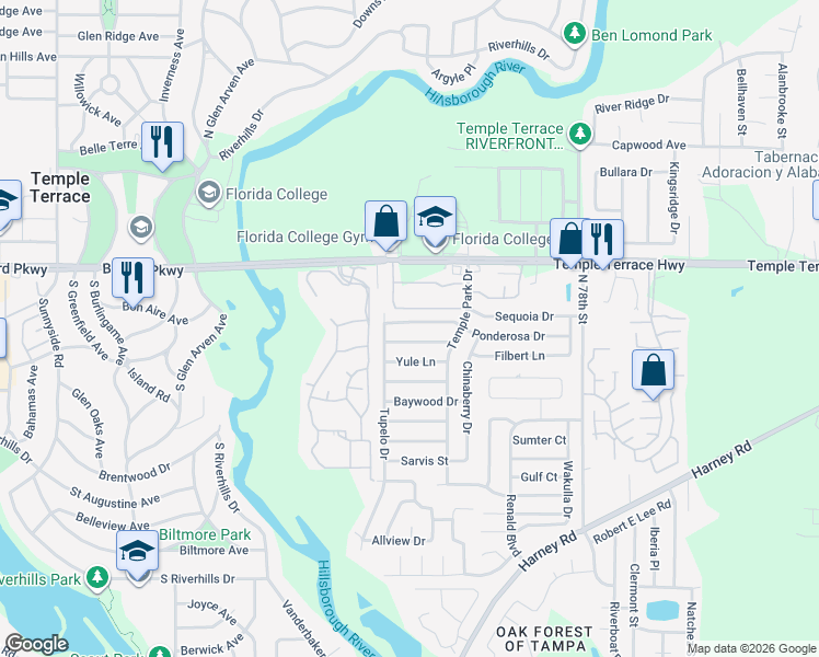 map of restaurants, bars, coffee shops, grocery stores, and more near 7009 Ponderosa Drive in Tampa
