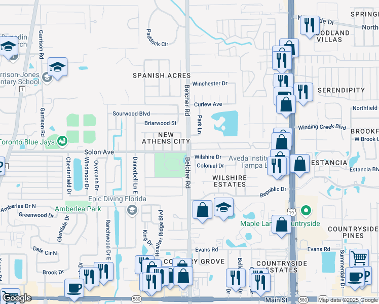 map of restaurants, bars, coffee shops, grocery stores, and more near Belcher Rd & Solon Ave in Dunedin