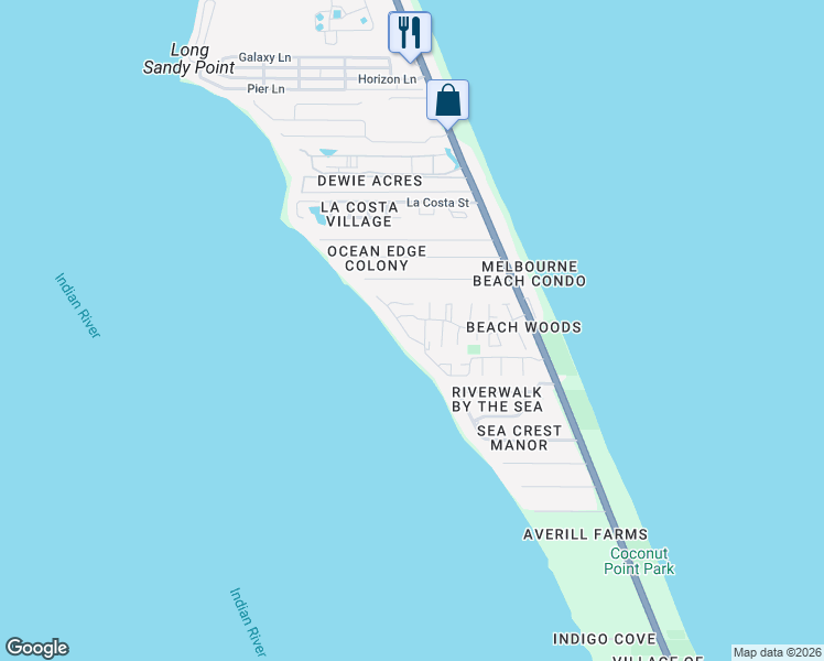 map of restaurants, bars, coffee shops, grocery stores, and more near 3207 Sea Shore Way in Melbourne Beach