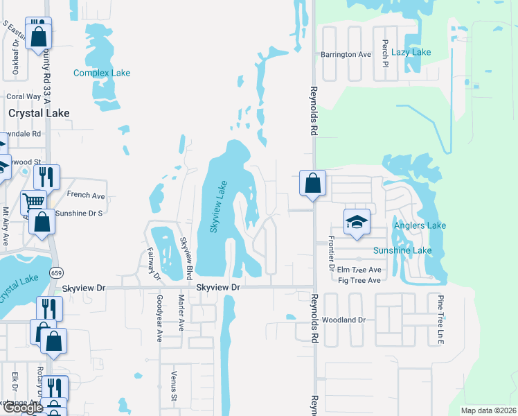map of restaurants, bars, coffee shops, grocery stores, and more near 1030 Waterview Point in Lakeland