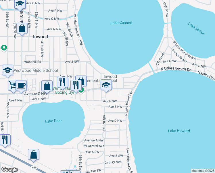map of restaurants, bars, coffee shops, grocery stores, and more near 2300 West Cannon Terrace Northwest in Winter Haven