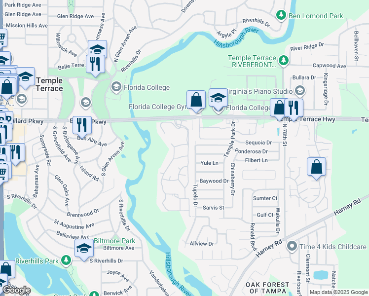 map of restaurants, bars, coffee shops, grocery stores, and more near 8808 Tupelo Drive in Tampa