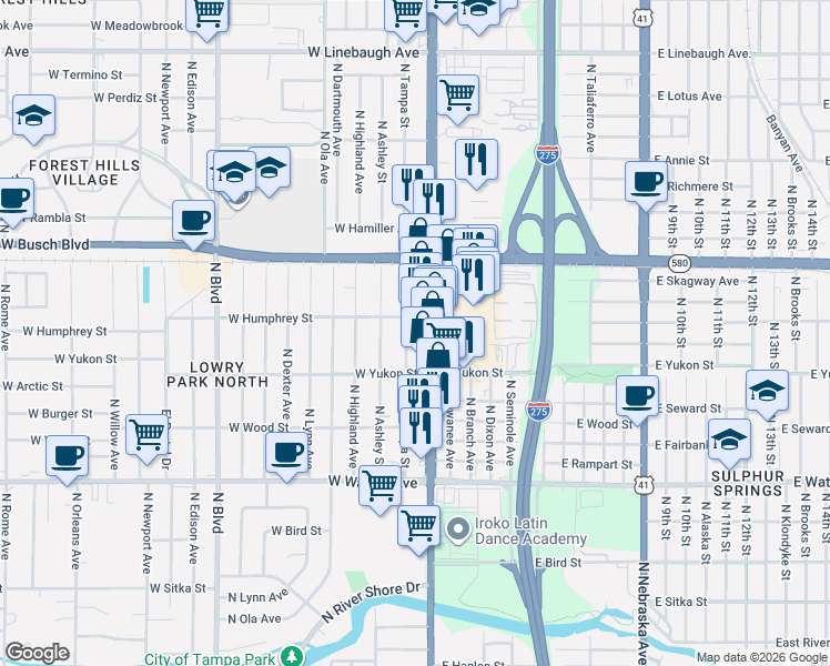 map of restaurants, bars, coffee shops, grocery stores, and more near 8872 North Florida Avenue in Tampa