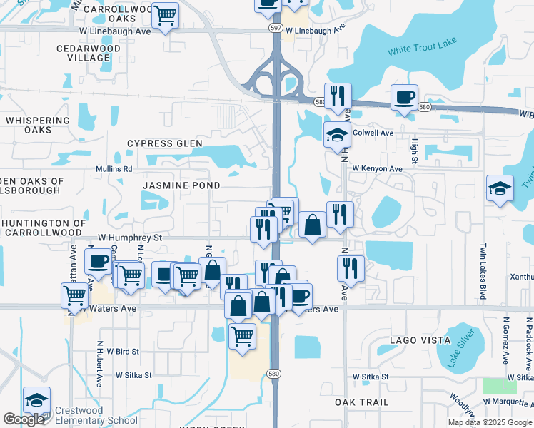 map of restaurants, bars, coffee shops, grocery stores, and more near 8605 Huron Court in Tampa