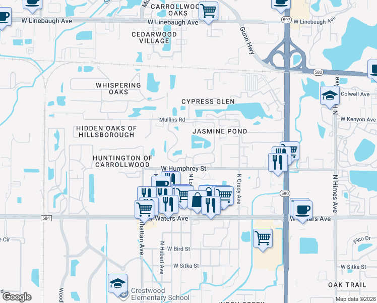 map of restaurants, bars, coffee shops, grocery stores, and more near 8617 Fancy Finch Drive in Tampa