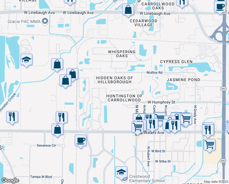 map of restaurants, bars, coffee shops, grocery stores, and more near 4561 Amberly Oaks Court in Tampa