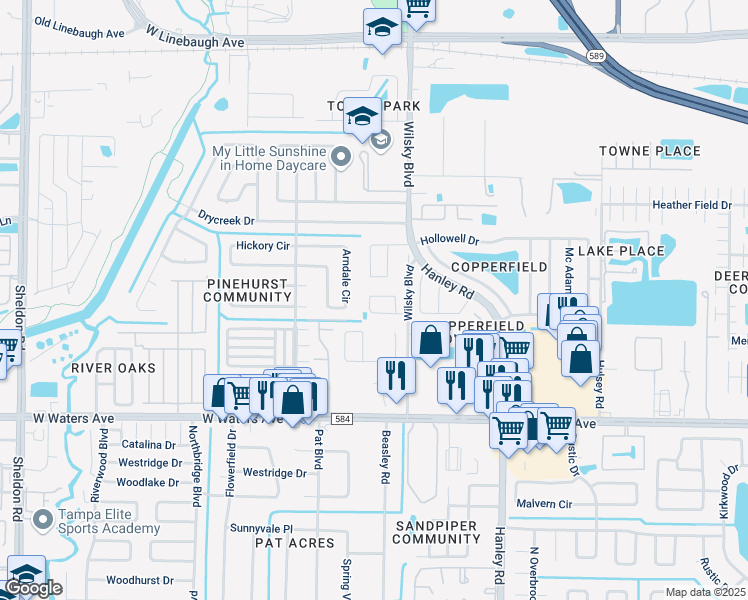 map of restaurants, bars, coffee shops, grocery stores, and more near 7731 Hinsdale Drive in Town 'n' Country