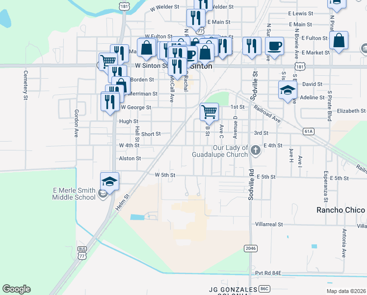 map of restaurants, bars, coffee shops, grocery stores, and more near 101 West 4th Street in Sinton
