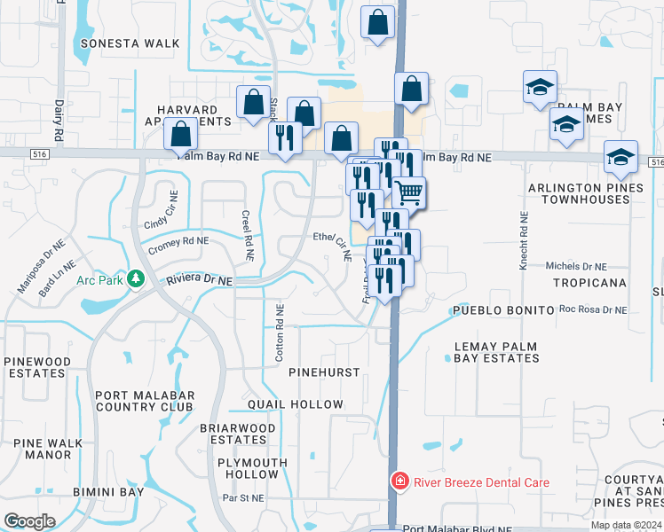 map of restaurants, bars, coffee shops, grocery stores, and more near 1241 Cambo Court Northeast in Palm Bay