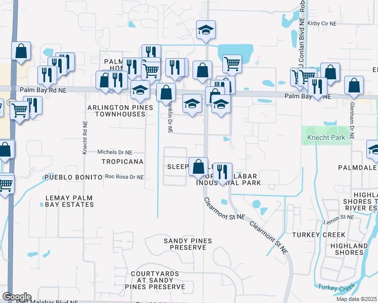 map of restaurants, bars, coffee shops, grocery stores, and more near 1287 Van Tassell Trail Northeast in Palm Bay
