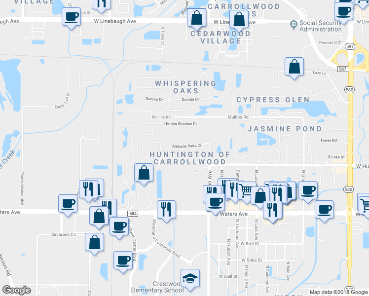 map of restaurants, bars, coffee shops, grocery stores, and more near 4468 Amberly Oaks Court in Tampa